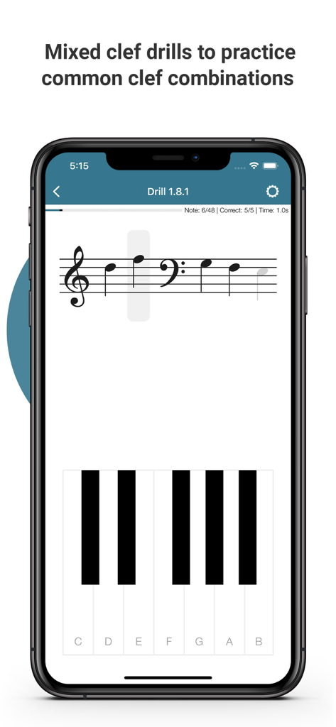 Complete Music Reading Trainer - A smartphone showing a music reading drill with mixed treble and bass clefs and a virtual piano keyboard.