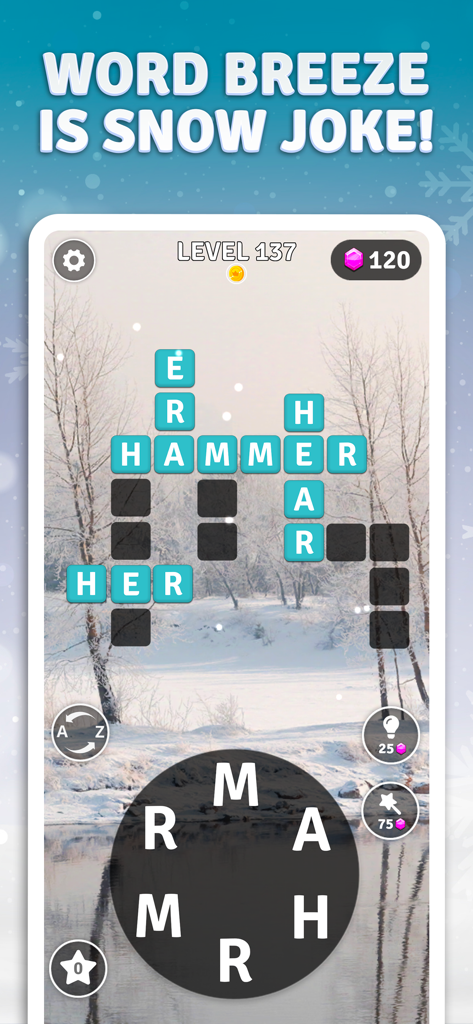 Word Breeze crossword gameplay featuring a snowy winter scene and letter tiles