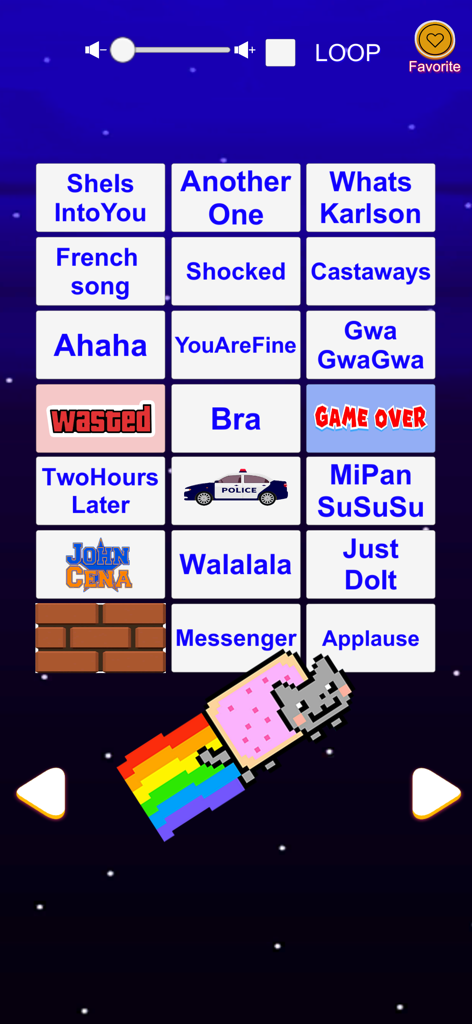 Interfaz de la aplicación Caja de Sonidos de Efectos de Memes mostrando una cuadrícula de botones de sonido viral y Nyan Cat