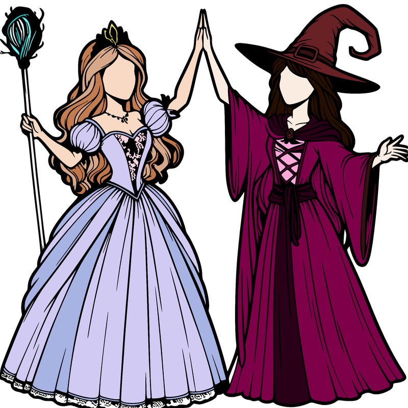detailed realistic split of a princess and a witch