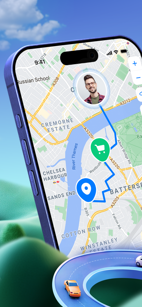 Smartphone displaying Findo app with real-time GPS location tracking and route history on a city map.