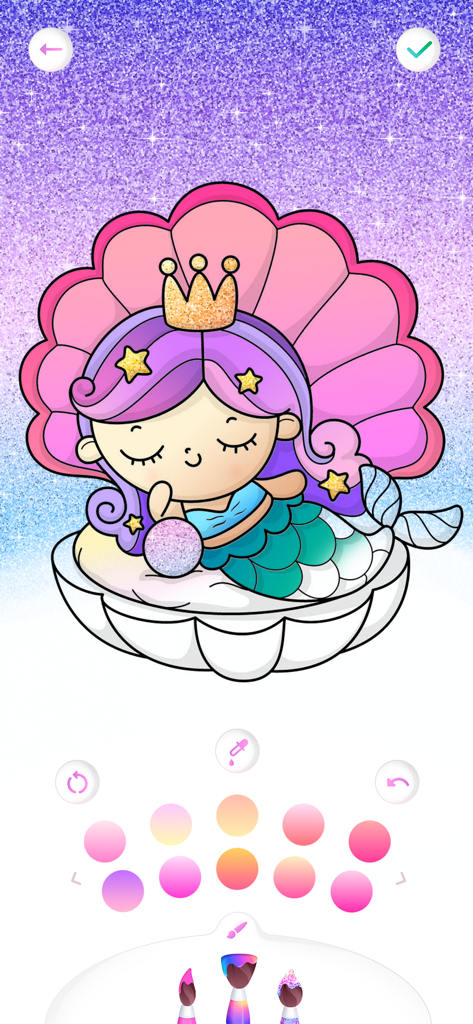 Mermaid coloring book kids - A cute mermaid with a crown sleeping in a shell on a glittery background