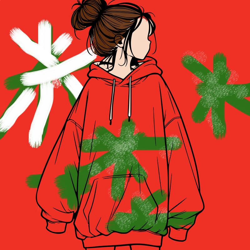realistic girl with a oversized sweatshirt on and a bun