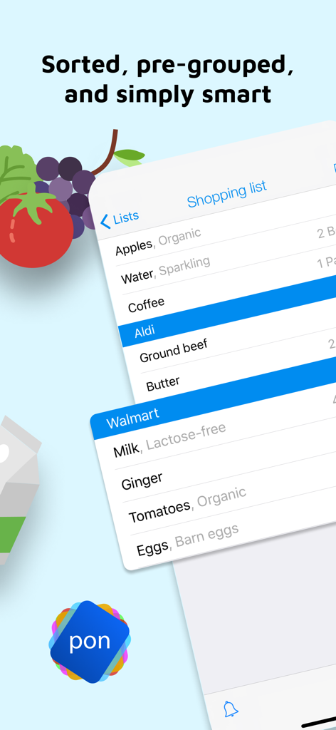 Interface of the pon app showing grocery list items grouped by supermarket locations like Aldi and Walmart with product details.