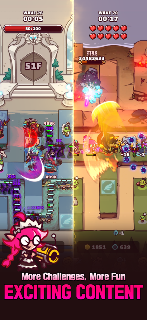 Coop TD - Geteilter Bildschirmansicht des Coop TD Mobile-Spiels, der das Gameplay von Welle 26 und Welle 70 mit süßen Charakteren und strategischen Platzierungen zeigt