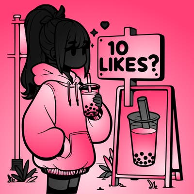 girl with oversized hoodie drinking boba and she has a high ponytail with a sign that says 10likes?