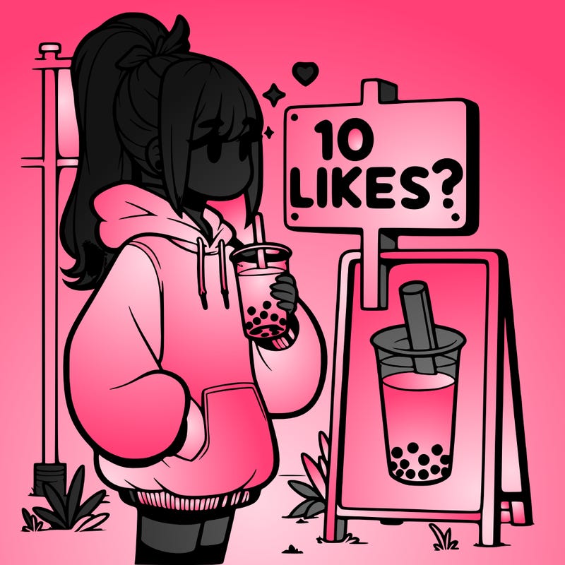 girl with oversized hoodie drinking boba and she has a high ponytail with a sign that says 10likes?