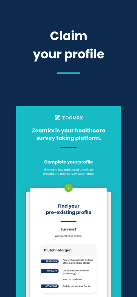 ZoomRx - ZoomRx app interface showing a physician profile claim screen for medical market research surveys