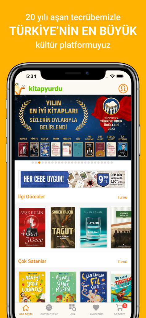 Kitapyurdu mobile app interface showing Turkish book categories and bestsellers