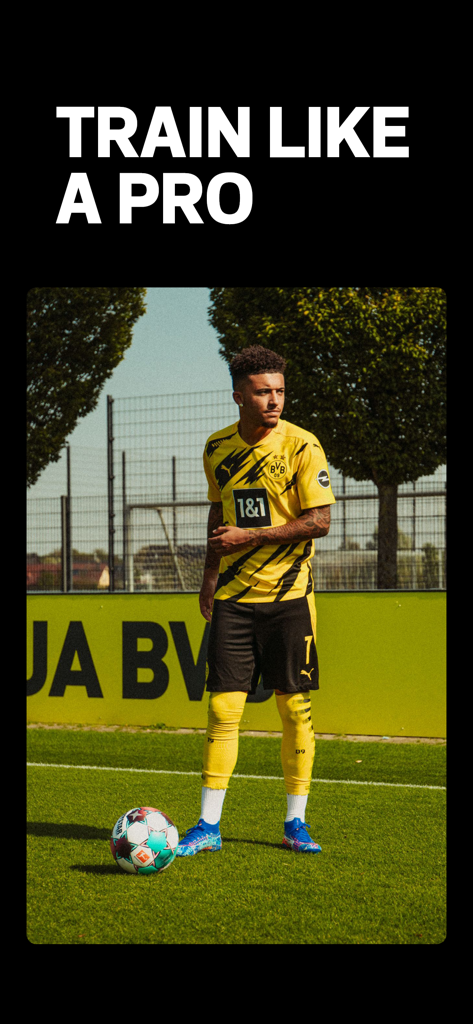box-to-box: Soccer Training - Jogador de futebol profissional em uniforme do Borussia Dortmund com o título Treine como um Profissional.