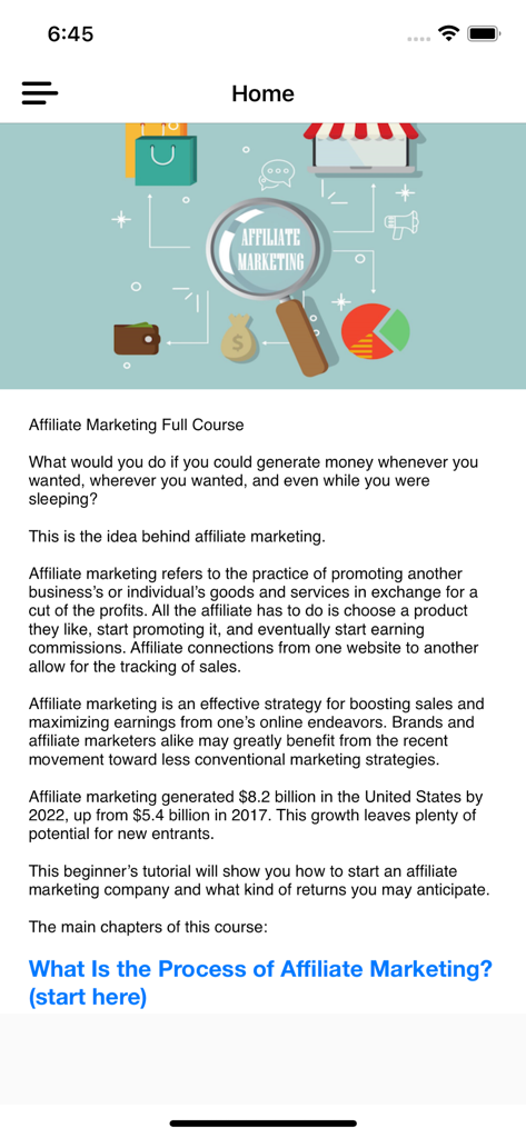 A tela inicial do aplicativo Curso de Marketing de Afiliados exibindo um artigo introdutório e gráficos de comércio eletrônico