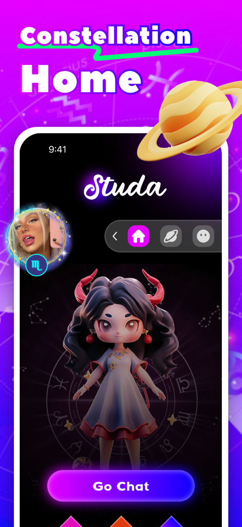 Studa app home screen featuring a 3D zodiac character and a go chat button