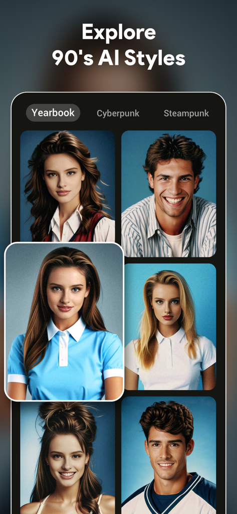 AI Photo Generator - ToonTap - Interfaz de la aplicación ToonTap mostrando el filtro de anuario de los 90 con IA con ejemplos de retratos diversos