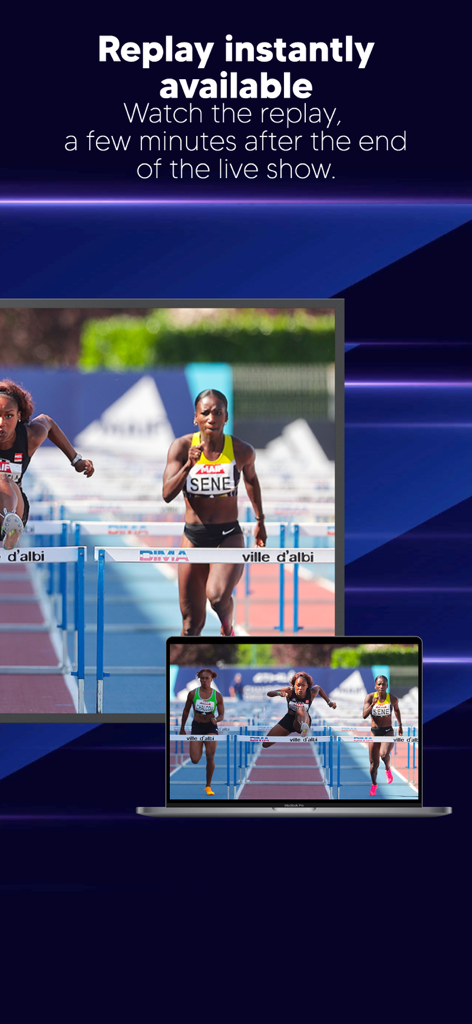 Laptop and monitor displaying a hurdles race replay on the Sportall app