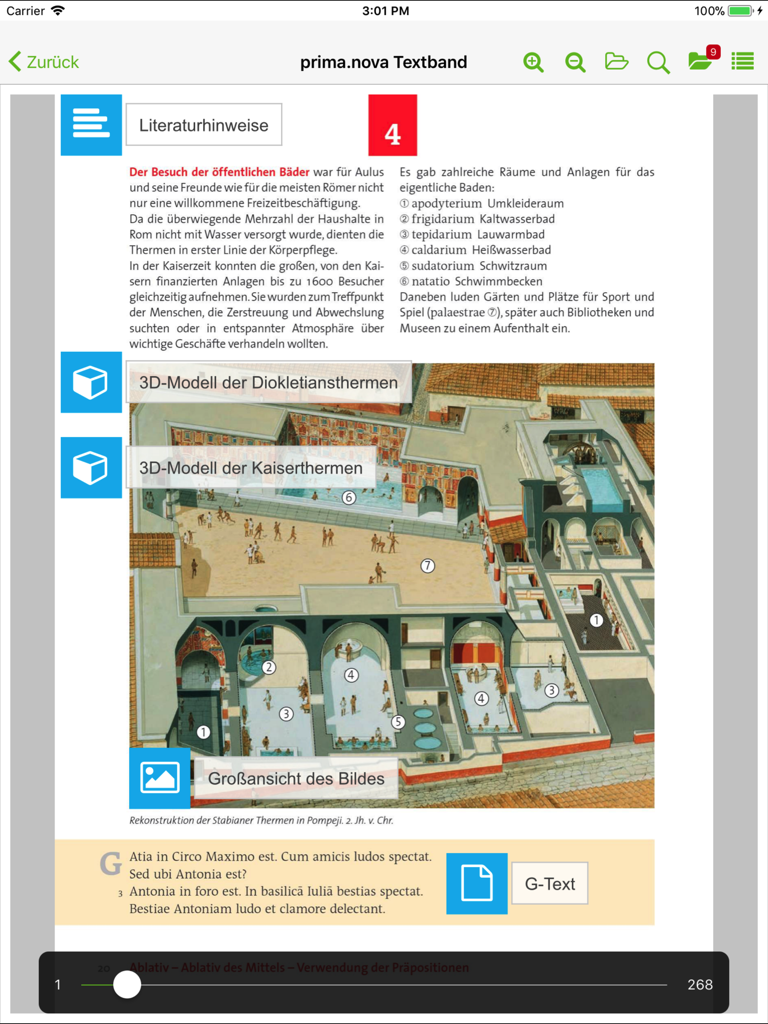 click & teach - 로마 목욕탕에 대한 수업과 대화형 미디어 핫스팟을 보여주는 click and teach 앱의 디지털 교과서 인터페이스