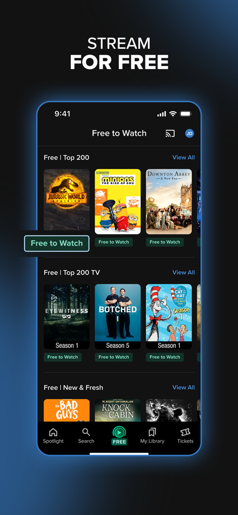 Fandango at Home app interface showing a wide selection of free movies and TV shows for streaming