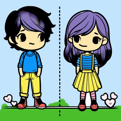 boy and girl in love standing of opposite sides of a line down the middle