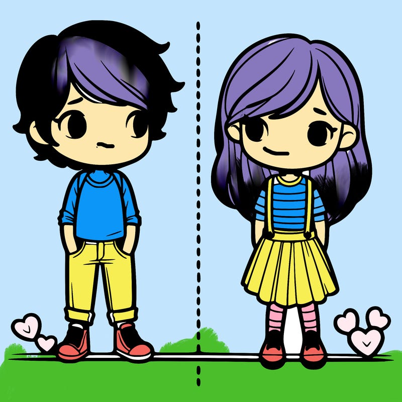 boy and girl in love standing of opposite sides of a line down the middle