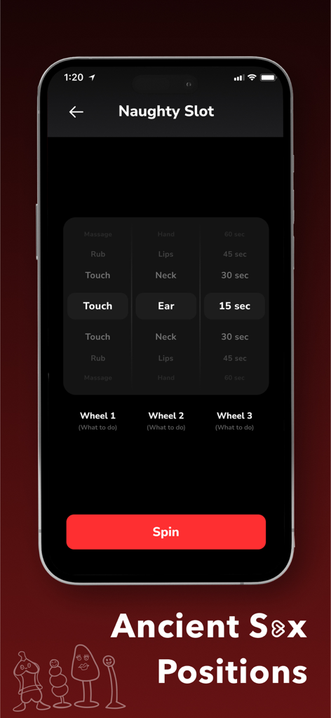 Interfaz de la aplicación FYR mostrando el juego Ruleta Picante con ruedas giratorias para la acción, parte del cuerpo y duración
