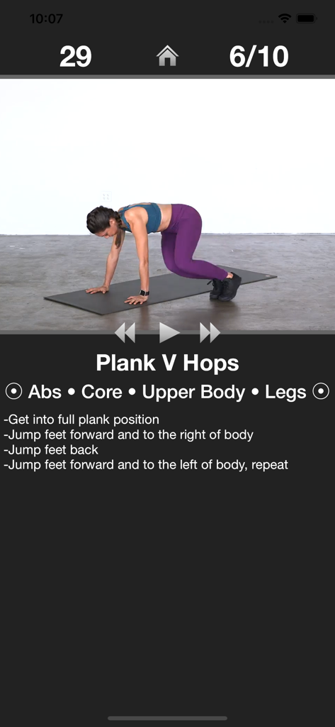 Screen from the Daily Cardio Workout app demonstrating Plank V Hops with video and instructions