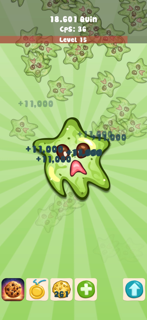 Cookie Clicker! - Idle Game - クッキークリッカー放置ゲームのゲームプレイ画面、緑色のスライムのようなキャラクターとレベル進行が表示されている