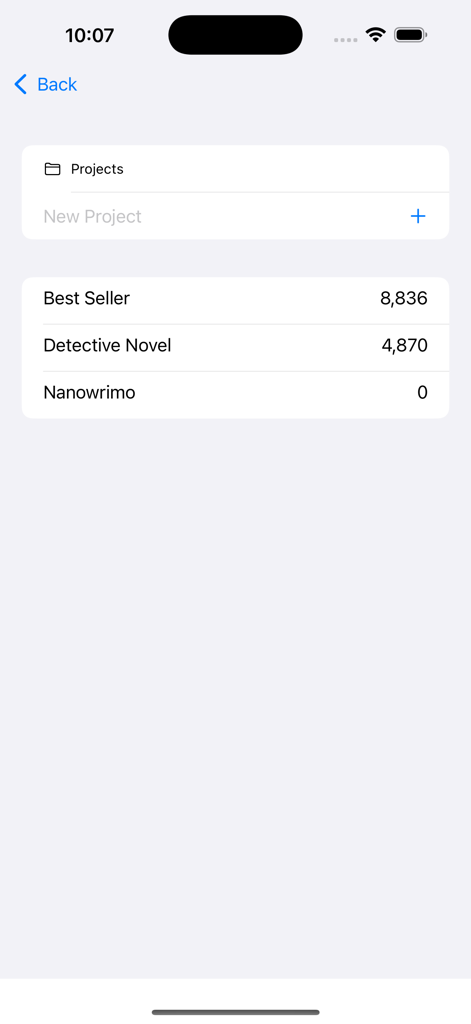Quill - For Writers - Interface of the Quill app showing a list of writing projects with word count tracking for a best seller and a detective novel.