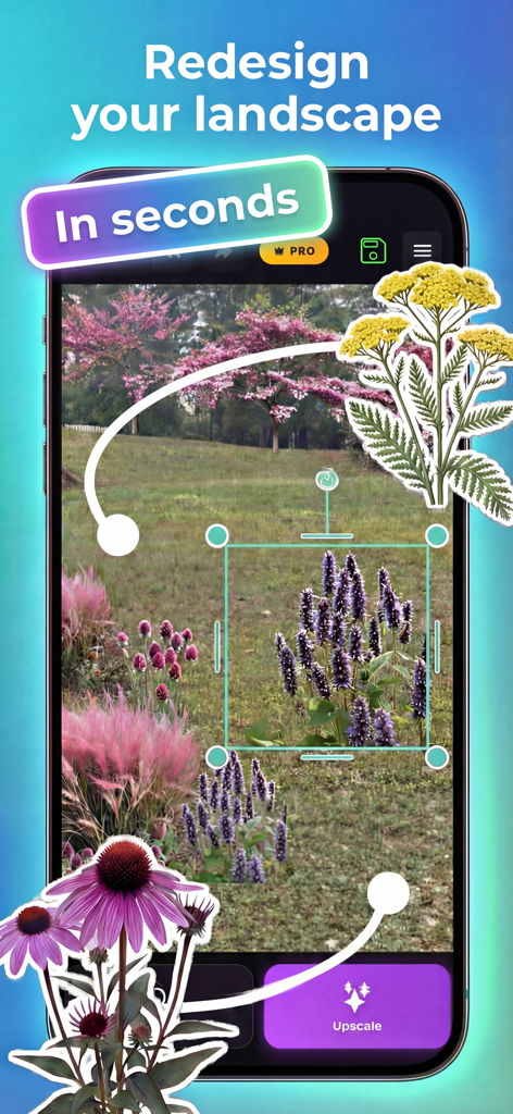 Sow: Garden & Landscape Design - Interface mobile de l'application Sow montrant des outils de refonte paysagère avec des illustrations de plantes et un arrière-plan de jardin