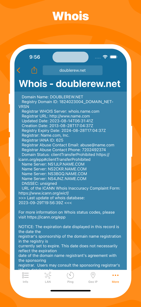 Whois domain registration details screen in the Network Utility mobile app