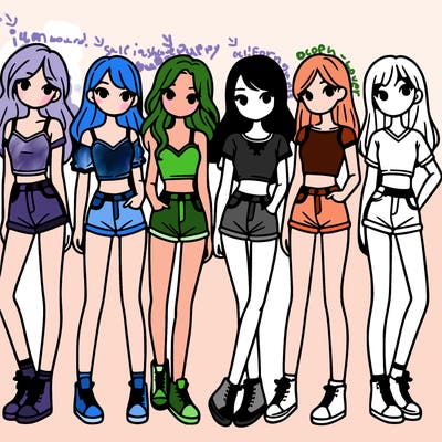 a group of girls wearing crop tops and shorts