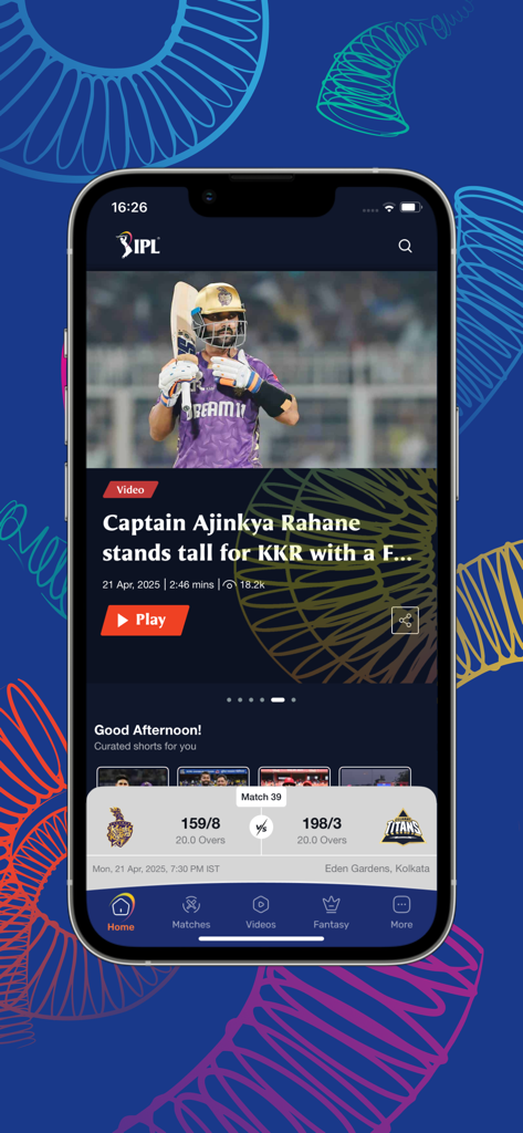 Official IPL app home screen featuring cricket video highlights and match scores