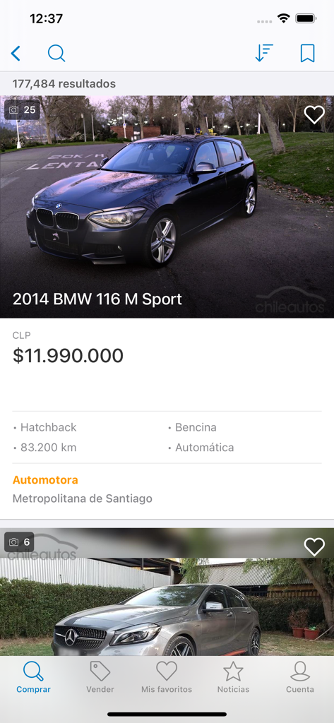 Chileautos - Screenshot of Chileautos app search results showing a 2014 BMW 116 M Sport listing with price and technical specifications.