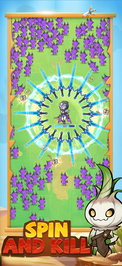 Hero Clash - Um personagem em Hero Clash usando um ataque de espada giratório circular para derrotar uma multidão de monstros roxos