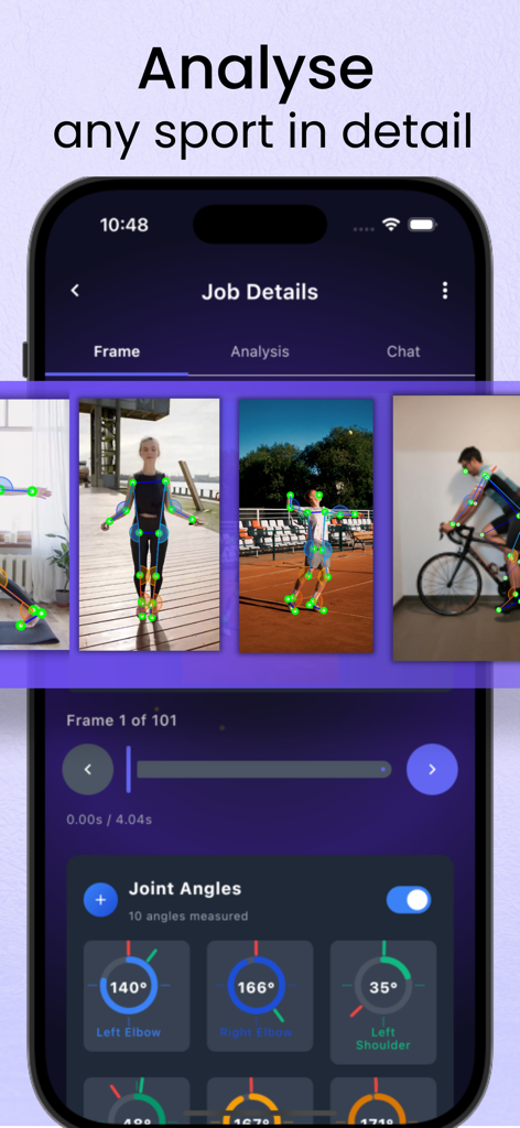 CheckMotion app interface showing AI-powered biomechanical analysis of different sports with detailed joint angle measurements