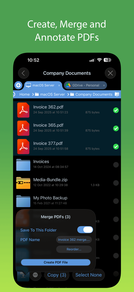 Interface for merging and managing PDF files in FileBrowser Professional.