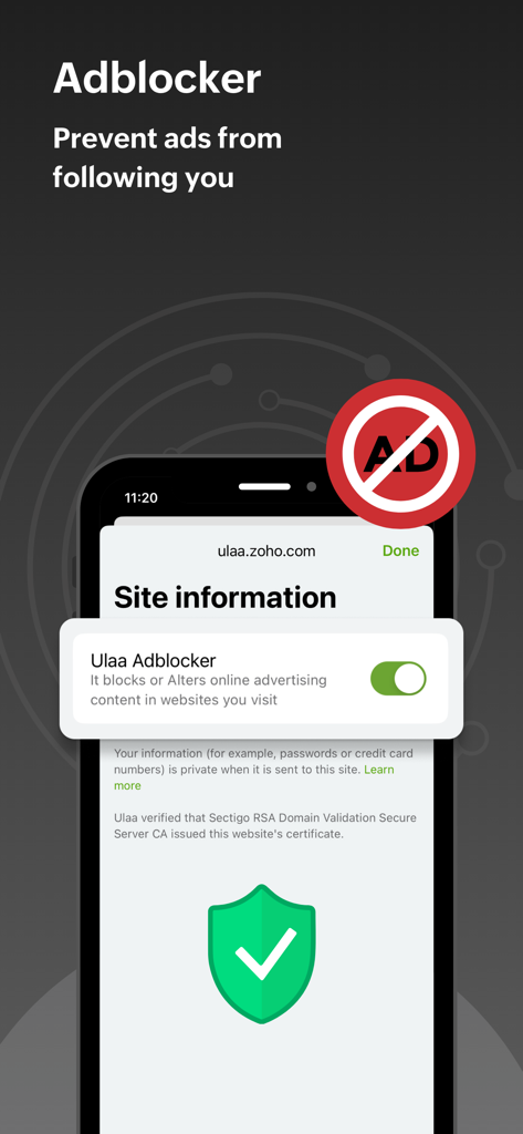 Ulaa Browser adblocker settings showing a toggle to block online advertising and trackers