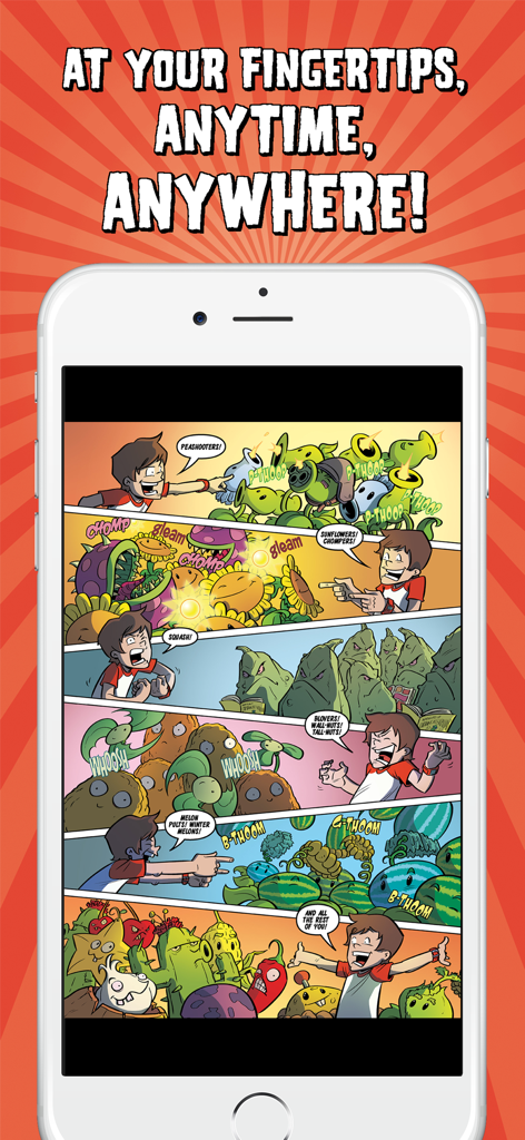 Plants vs Zombies digital comic book page on an iPhone