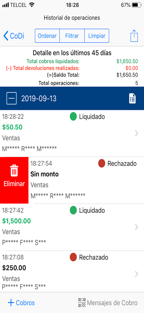CoDi Banxico -solo para cobrar - Operation history screen in the CoDi Banxico app showing payment statuses and total balance