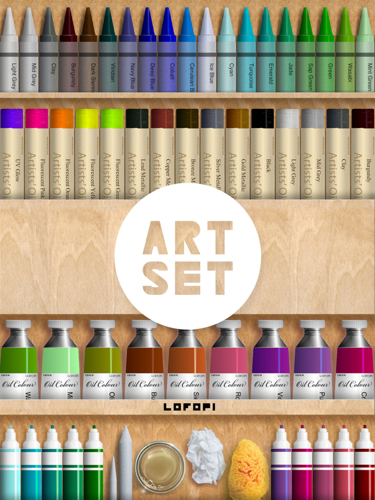 Art Set - Interface de l'application Art Set montrant une étagère virtuelle en bois remplie de crayons réalistes, de peintures à l'huile et d'outils de dessin.
