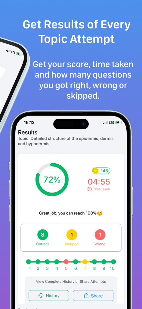 Neurology - Neurology app results screen displaying a 72 percent quiz score with time taken and answer breakdown
