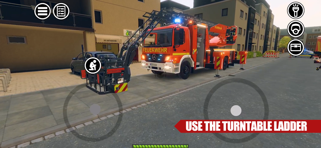 Emergency Call - Attack Squad - A red fire truck with an extended turntable ladder in a realistic city simulation.