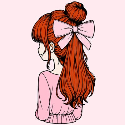 realistic girl  with hip length hair a bun and a big bow on the back of head