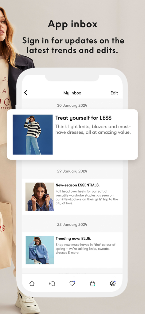 New Look Fashion Online - Un écran de smartphone affichant la boîte de réception de l'application New Look avec des tendances et des mises à jour de mode personnalisées.