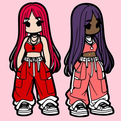 girl in baggy pants crop top and long hair