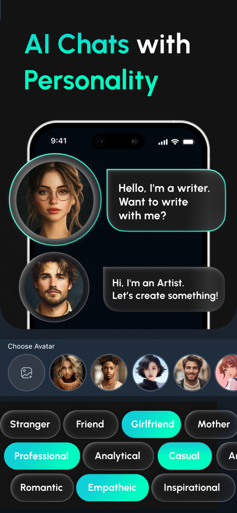YouCam AI Chat-Oberfläche mit verschiedenen KI-Persönlichkeiten und anpassbaren Avataren wie Schriftsteller und Künstler.