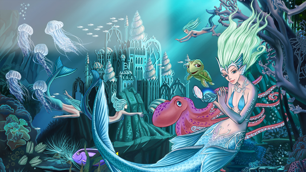 The Little Mermaid Game Book - Una sirena sosteniendo una perla brillante en un castillo submarino con un pulpo y una tortuga marina