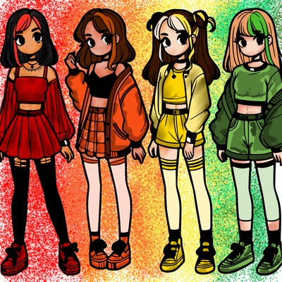 one girl with crop-top shirt and a jacket with a skirt, long socks and another girl with a shirt and pants with a jacket