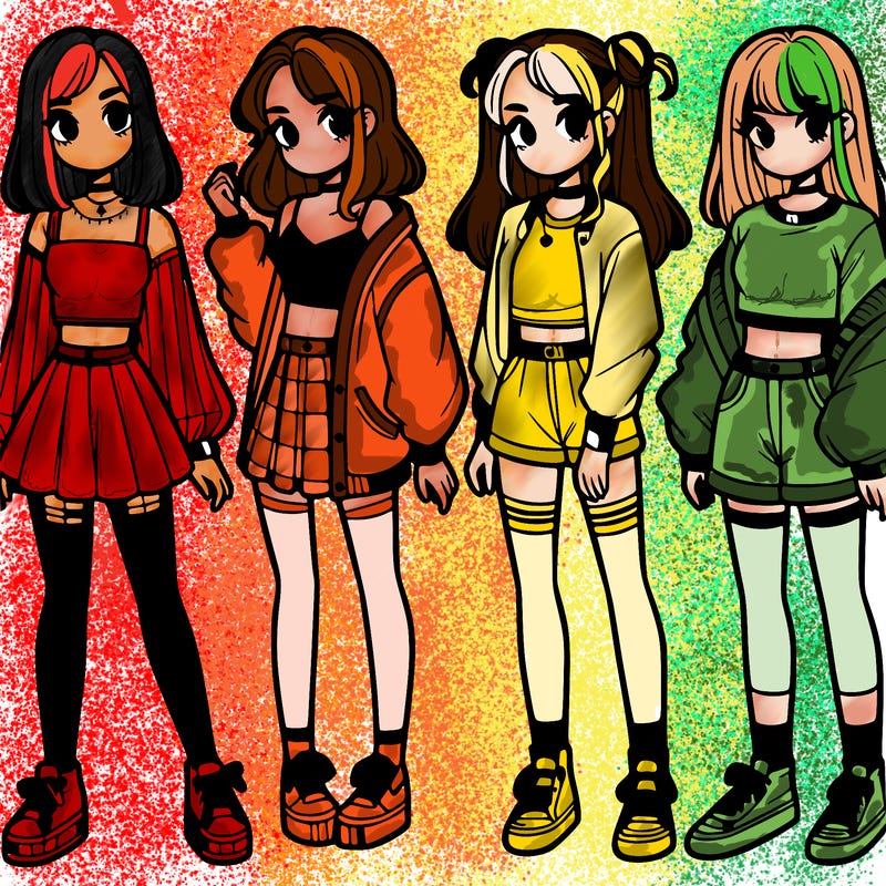 one girl with crop-top shirt and a jacket with a skirt, long socks and another girl with a shirt and pants with a jacket