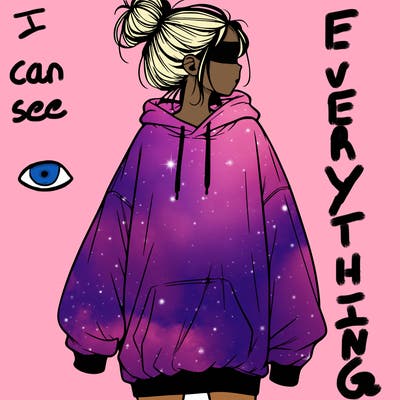 realistic girl with a oversized sweatshirt on and a bun