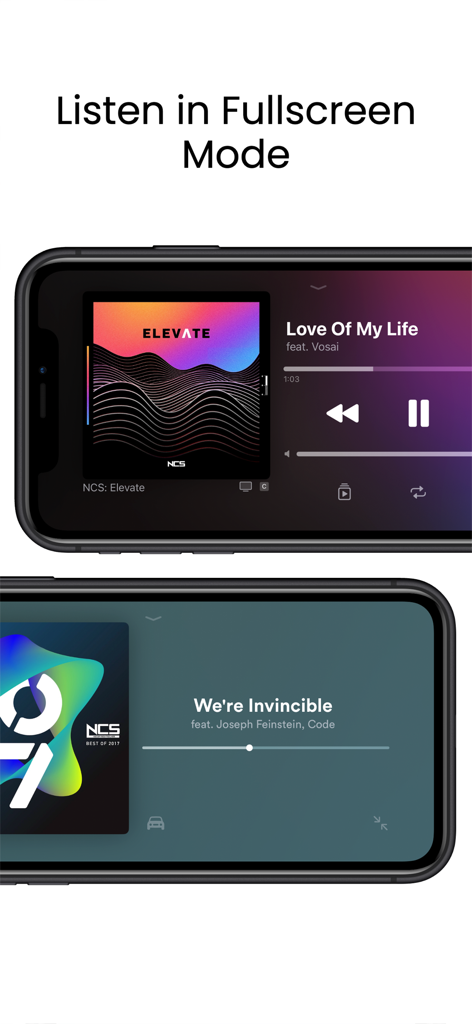 Openmusic - Two iPhones in landscape mode displaying the Openmusic app in fullscreen playback mode with album art and music controls.