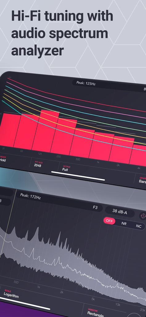The Decibel meter app interface displaying an audio spectrum analyzer and FFT plot for Hi-Fi tuning